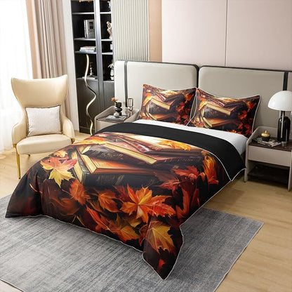Castle Fairy Retro Book Duvet Cover Set 100% Organic Cotton King Size Autumn Maple Leaves Comforter Cover with 2 Pillowcases Rustic Farmhouse Bedding Set for Bedroom Dcor,No Comforter