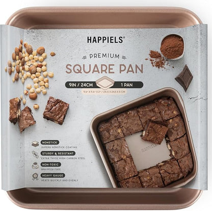 HAPPIELS 9x9in Square Baking Pan Nonstick for Oven Baking, PFOA & BPA Free | Non Toxic 9 x 9 Inch Cake & Brownie Pan | Best Nontoxic Square 9x9 inches Pans Non Stick| Carbon Steel Gold bakeware