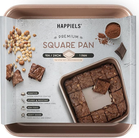 HAPPIELS 9x9in Square Baking Pan Nonstick for Oven Baking, PFOA & BPA Free | Non Toxic 9 x 9 Inch Cake & Brownie Pan | Best Nontoxic Square 9x9 inches Pans Non Stick| Carbon Steel Gold bakeware