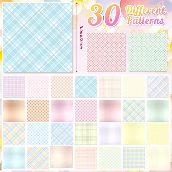 Tatuo 30 Pcs 10 x 10 Inches Pastel Gingham Cotton Fabric Bundle Squares Patchwork Checkered Fabric Sewing Quilting Bundles Assorted Pattern Cloth for DIY Scrapbook Craft Making