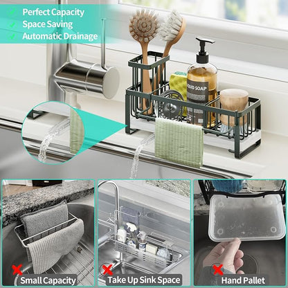 HapiRm Sponge Holder for Kitchen Sink - Self-draining Sink Caddy with Brush and Dishcloth Holders, Stainless Steel Kitchen Organizer for Countertop - Green