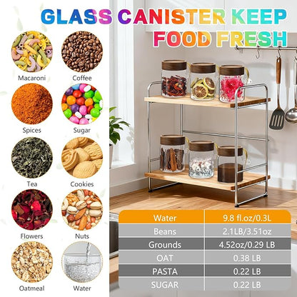 10 oz Glass Jars Set of 2, Spice Jar Round Storage Canister with Airtight Wooden Lid Clear Glass Food Jar for Pantry Sugar Tea Coffee Bean Spice Cookies Bath Salts (10oz/300ml-2 pack-with spoon)