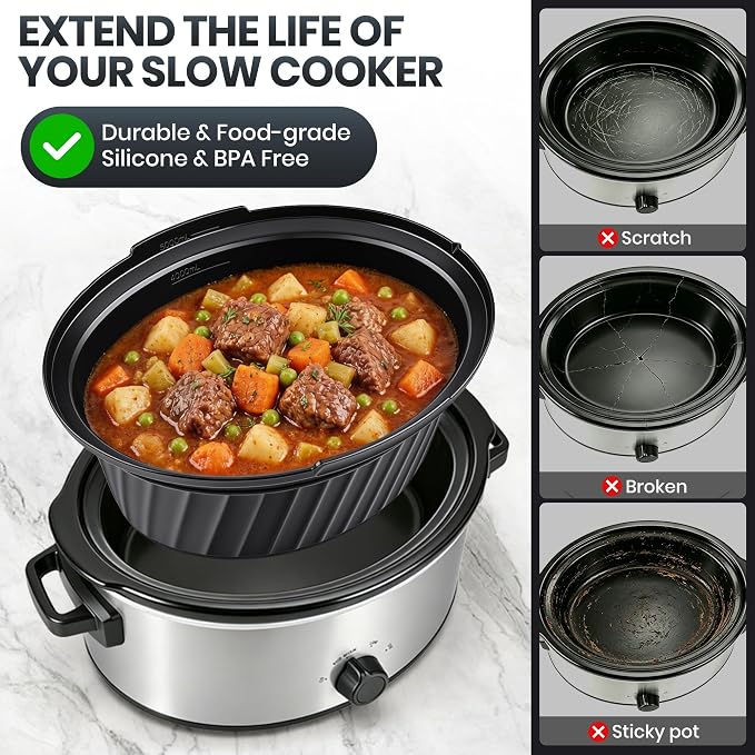 Silicone Slow Cooker Liners Compatible with Crock Pot 6 QT,Maywe Tanso Crock Pot Liners Fit 6 Quart Oval Slow Cookers,Reusable & Leakproof Silicone Slow Cooker Liner For Crockpot,Dishwasher Safe