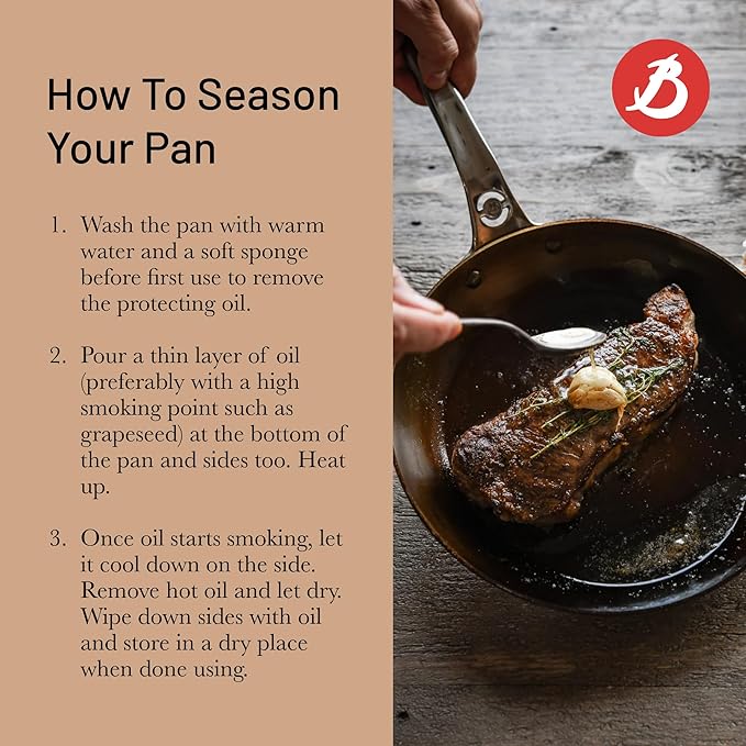 de Buyer MINERAL B Pro Carbon Steel Country Fry Pan with Helper Handle - 12.5” Diameter, 9” Cooking Surface - Ideal for Sauteing, Simmering, Frying - Naturally Non-Stick Finish - Made in France