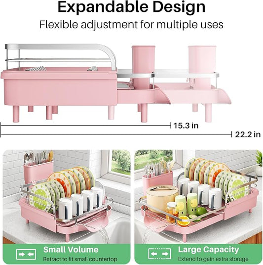 SAYZH Dish Drying Rack - Expandable Dish Rack for Kitchen Counter, Rust-Resistant Dish Drainer with Utensil Holder and Raised Guardrail, Kitchen Organizer for Cup and Bottle (Pink)