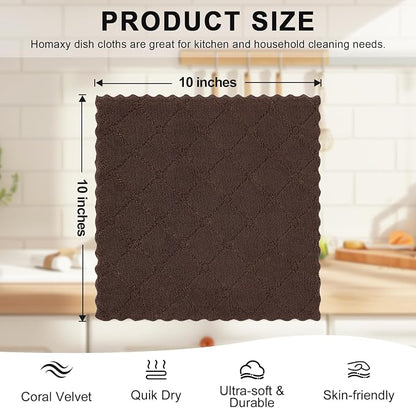 Homaxy 12 Pack Kitchen Dish Cloths (10 x 10 Inches, Brown), Super Soft and Absorbent Coral Velvet Dish Towels, Nonstick Oil Fast Drying Microfiber Cleaning Cloth, No Lint Household Dishcloths