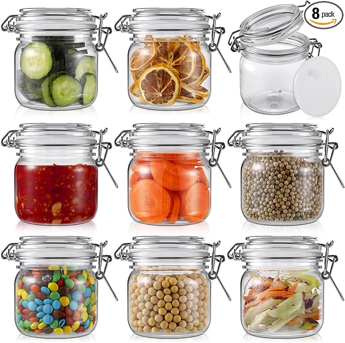 Suclain 8 Pcs 10 Oz/300ml Plastic Storage Jars with Airtight Hinged Lids Bulk, Clear Wide Mouth Food Storage Containers Empty Bottles Sealed Jars for Home Kitchen Candy Herbs Spices Coffee Nuts