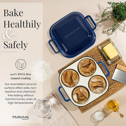 QuadPro Enamelled Cast Iron Bread Loaf Pot – Dutch Oven for Sourdough Bread Baking – 500°F Oven Safe Non Stick Bread Pot – 4 Round Loaf Spaces (4.90-inch Diameter), Dark Blue – by Nuovva