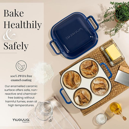 QuadPro Enamelled Cast Iron Bread Loaf Pot – Dutch Oven for Sourdough Bread Baking – 500°F Oven Safe Non Stick Bread Pot – 4 Round Loaf Spaces (4.90-inch Diameter), Dark Blue – by Nuovva