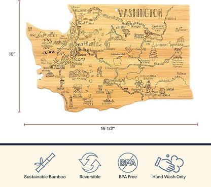 Totally Bamboo Destination Washington Shaped Cutting Board – Bamboo Charcuterie and Serving Board with Hang Tie for Wall Display