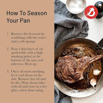 de Buyer MINERAL B Carbon Steel Steak Pan - 11” Diameter, 8.4” Cooking Surface - Ideal for Searing & Browning Meat - Naturally Non-Stick Finish - Made in France