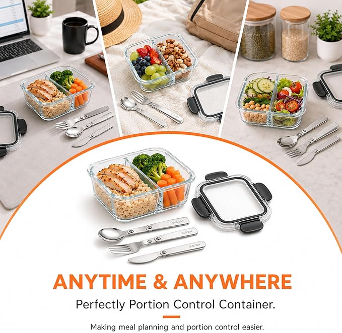 5 Pack Bariatric Meal Prep Containers, 8 oz Bariatric Bowls for Portion Control, Reusable Glass Snack Food Containers with Lids & Folding Spoon & Fork & Knife, Bariatric Must Haves (Black)
