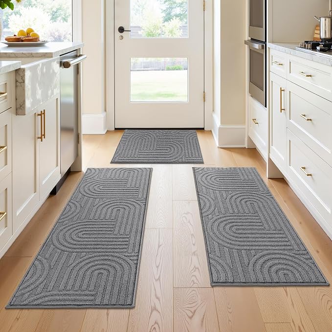 U'Artlines Kitchen Rugs and Mats Set of 3, Non Skid Washable Grey Geometric Kitchen Mats for Floor, Absorbent and Stain Resistant Floor Mat for Laundry, Sink Decor 20x32+20x48+20x59