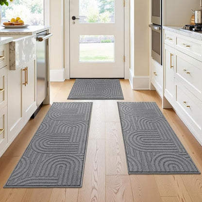 U'Artlines Kitchen Rugs and Mats Set of 3, Non Skid Washable Grey Geometric Kitchen Mats for Floor, Absorbent and Stain Resistant Floor Mat for Laundry, Sink Decor 20x32+20x48+20x59