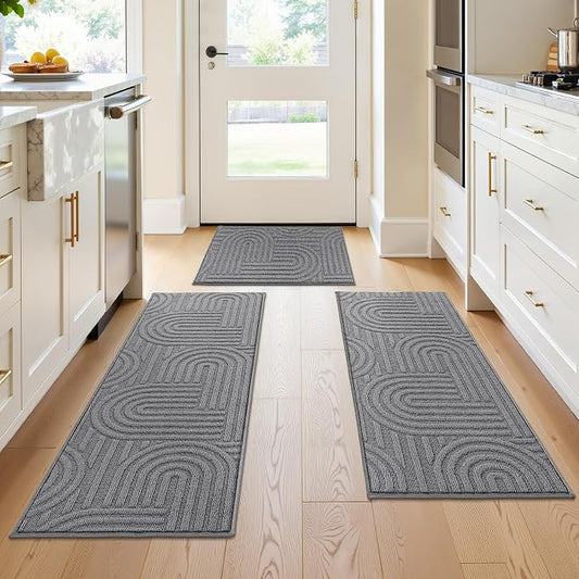 U'Artlines Kitchen Rugs and Mats Set of 3, Non Skid Washable Grey Geometric Kitchen Mats for Floor, Absorbent and Stain Resistant Floor Mat for Laundry, Sink Decor 20x32+20x48+20x59