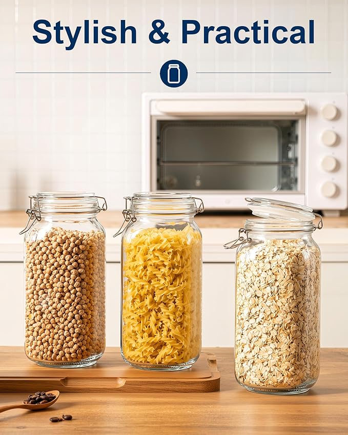 OneDream 78oz Glass Jars with Airtight Lid, 3 Pack Large Glass Storage Jars, Square Canisters for Pantry, Wide Mouth Glass Food Storage Containers for Flour, Sugar, Cereal, Pasta