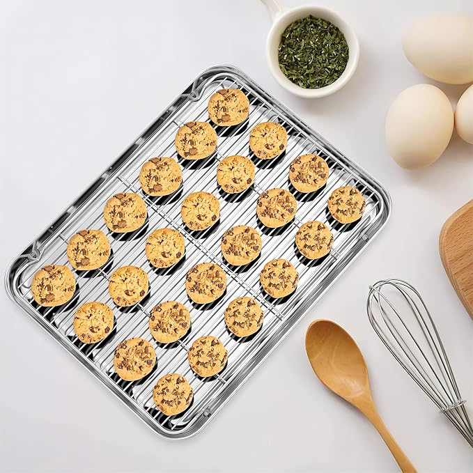Baking Sheet with Rack Set (2 Pans + 2 Racks), Stainless Steel Cookie Sheets,Cookie Pan with Cooling Rack, Nonstick Baking Pan,Easy Clean,Heavy Duty,Oven & Dishwasher Safe, 16 x 12 x 1 Inches