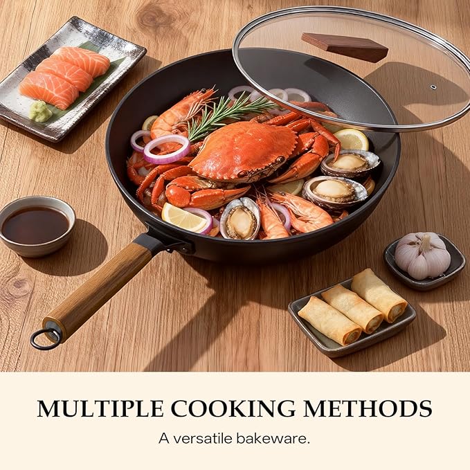 Carbon Steel Wok, New Chinese-Style Pan with lid, 13 Inch carbon steel woks & stir-fry pans nonstick, Suitable for Induction Cooktops, Electric Stoves, and Gas Ranges