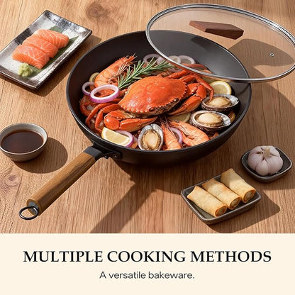 Carbon Steel Wok, New Chinese-Style Pan with lid, 13 Inch carbon steel woks & stir-fry pans nonstick, Suitable for Induction Cooktops, Electric Stoves, and Gas Ranges
