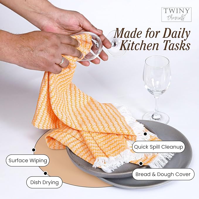 TWINY threads Kitchen Towel Chevron Design, Premium Large Kitchen Linen Set, 100% Cotton Dish Rags, Absorbent Quick Drying Wash Rags for Drying Dishes, Reusable, Set of 12, 16x26 Inch, Mustard Yellow