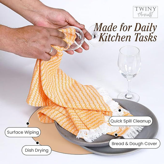 TWINY threads Kitchen Towel Chevron Design, Premium Large Kitchen Linen Set, 100% Cotton Dish Rags, Absorbent Quick Drying Wash Rags for Drying Dishes, Reusable, Set of 12, 16x26 Inch, Mustard Yellow