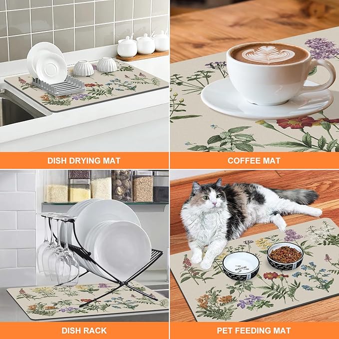 LOKHOM Dish Drying Mat for Kitchen Counter, 16"x24" Absorbent Coffee Bar Mat with Vintage Sage Flower Herbs, Dish Drainer Rack Mat for Kitchen Counter