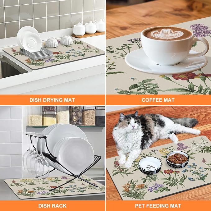 LOKHOM Dish Drying Mat for Kitchen Counter, 16"x18" Absorbent Coffee Bar Mat with Vintage Sage Flower Herbs, Dish Drainer Rack Mat for Kitchen Counter