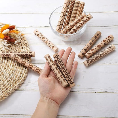 HARFINGTON Wood Clay Roller 4" Hexagon Pattern Rolling Pins Wood Rollers Pottery Tools Wood Grain Texture Rollers for Clay Baking Dough Playdough DIY