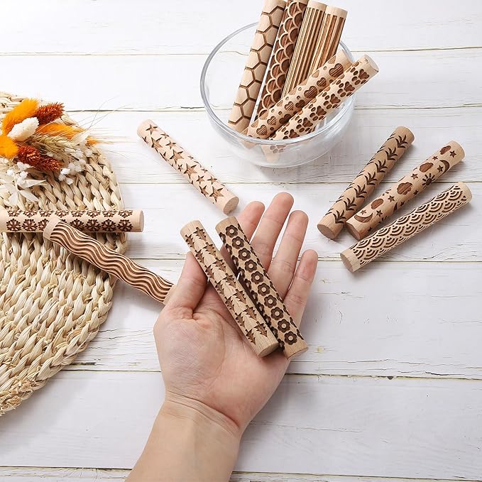 HARFINGTON 5pcs Wood Clay Roller 4" Paw Print Pattern Rolling Pins Wood Rollers Pottery Tools Wood Grain Texture Rollers for Clay Baking Dough Playdough DIY