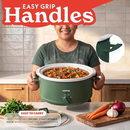 Gourmia Slow Cooker - 7 Quart Removable Ceramic Pot, Manual Controls with 3 Temperature Settings, Dishwasher Safe Crock and Glass Lid, Green