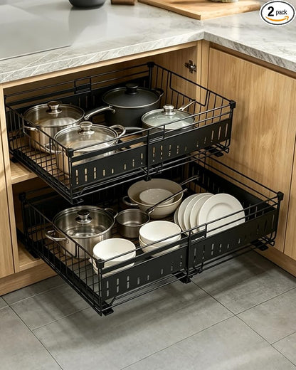 KimHong 2 Pack Pull Out Cabinet Organizer, Expandable Drawer Organizer with Adjustable Width 12.4"-19.5", Adhesive No Drill Under Cabinet Shelves for Home Kitchen Pantry with Silent Slides