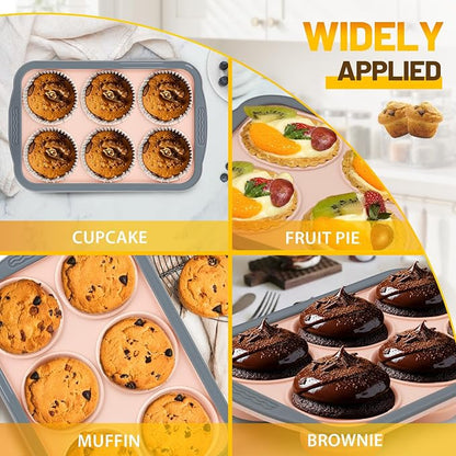 Silicone Muffin Pan, 6 Cups Non-Stick Cupcake Pan, Food-Grade BPA-Free Muffin Tin, Oven-Safe 450 °F, Reinforced Steel Frame, Easy-Grab Handles, Quick-Release 2.7" Baking Molds for Mini Treats