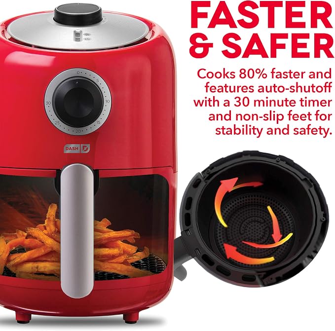 Dash Compact Air Fryer - Healthy Cooking with Auto Shut-Off Feature, Adjustable Temperature Control & Nonstick Fry Basket - Has AirCrisp® Technology - 2 Quart - Red