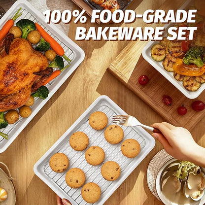 Nonstick Ceramic Baking Sheet With Rack, 2-Pack Half Sheet Pan, Non-Toxic, PTFE & PFOA Free, Warp-Free, Oven Safe 550°F, Dishwasher Safe, Aluminized Steel, Gray Yellow