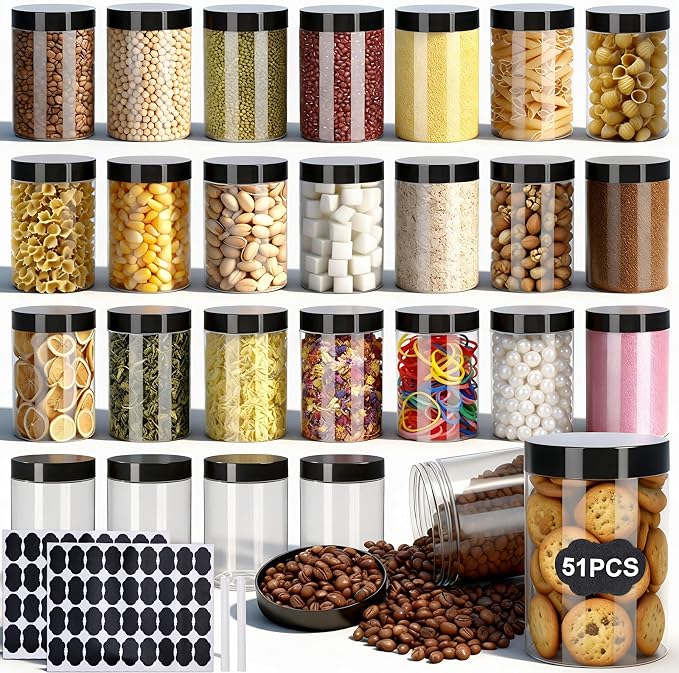 Plastic Jars with Lids,OBKJJ 51 PCS 10 OZ Large Capacity Clear Storage Containers with Leakproof Lids Reusable Empty Storage Container for Dry Food Spice Candy Cookie Household and Kitchen Organizing