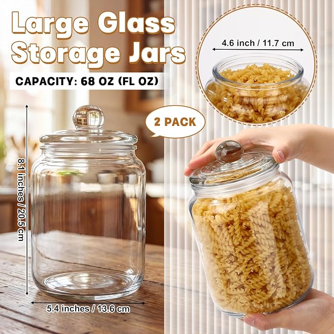 Suclain 2 Pack 68 oz Glass Storage Jars with Airtight Glass Lid Thick Food Canister with Seal Clear Food Storage Container for Kitchen Flour Sugar Cookies Coffee Bean Pantry Organization