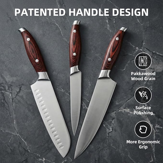 3-Piece Kitchen Knife Set – Includes Ultra-Sharp Chef Knife, High Carbon Stainless Steel Blades with Ergonomic Pakkawood Handles, Professional Knives Set for Kitchen, Elegant Gift Box