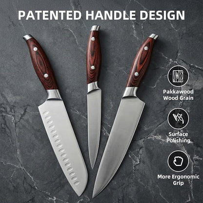 3-Piece Kitchen Knife Set – Includes Ultra-Sharp Chef Knife, High Carbon Stainless Steel Blades with Ergonomic Pakkawood Handles, Professional Knives Set for Kitchen, Elegant Gift Box