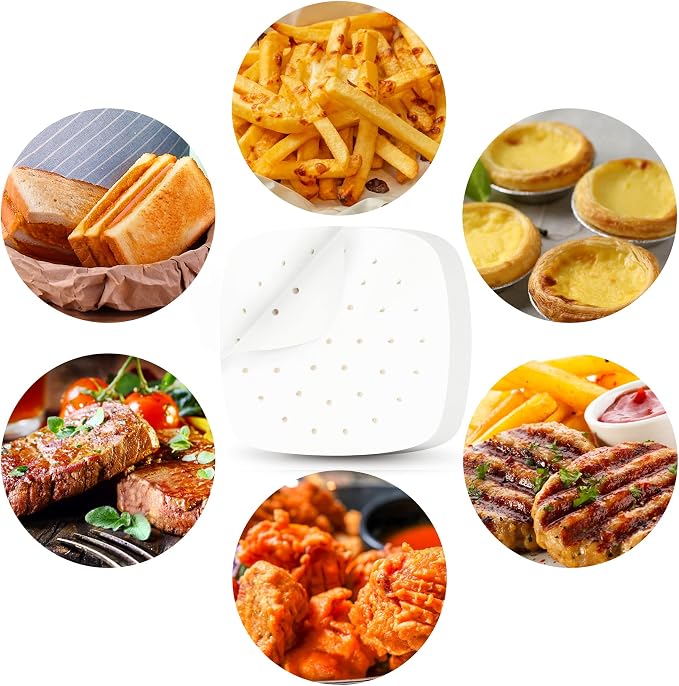 HOFHTD Air Fryer Liners, 200Pcs Disposable Square Liners, Perforated Sheets for Baking, Air Fryer & Bamboo Steaming Basket (White)