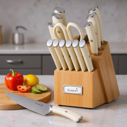 KUISINE Upgraded Knife Set High Carbon Stainless Steel Super Sharp Blade Ergonomic Rivet Handle,Knife Block Set with Built-in Sharpener(Ivory Acacia Pro,15PCS)