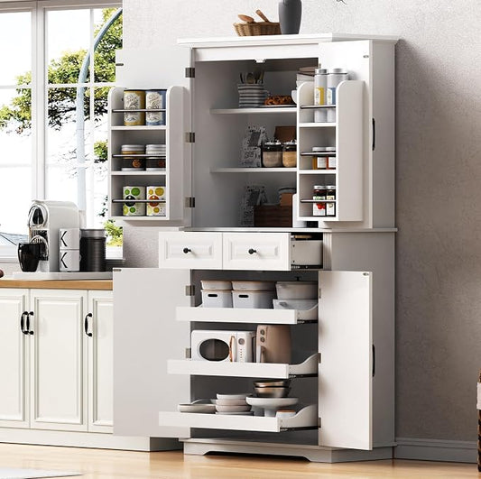 VilroCaz Wooden 71" H Kitchen Pantry with 3 Pull Out Cabinet Organizers, Freestanding Cupboard Storage Cabinet with 4 Doors and 2 Drawers, Farmhouse Embossed Texture Design (White-5.K)