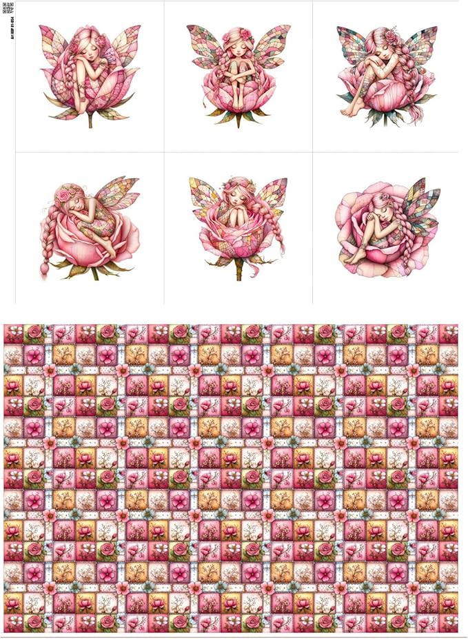 ‍ Pink Fairy Patchwork Cotton Fabric Panel – 6 Designs (10×10 inch Each) + Bonus Patchwork Sheet 29.5×19.6 inch, 100% Cotton 140 GSM