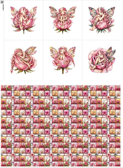‍ Pink Fairy Patchwork Cotton Fabric Panel – 6 Designs (10×10 inch Each) + Bonus Patchwork Sheet 29.5×19.6 inch, 100% Cotton 140 GSM