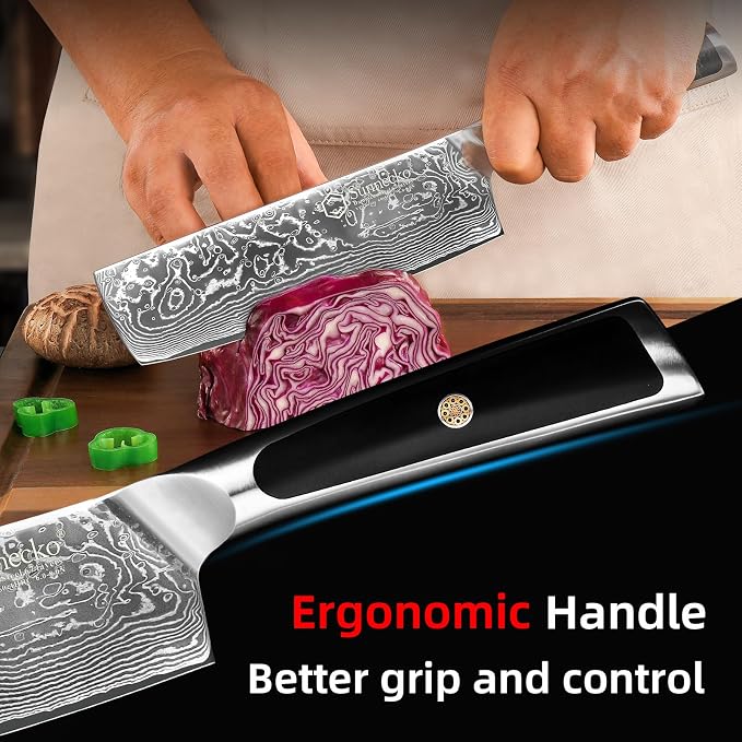 Sunnecko Kitchen Knife Japanese Damascus Nakiri Knife 7 Inch, Sharp Chopping Knife for Cutting Vegetable, Meats, Fruits