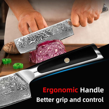 Sunnecko Kitchen Knife Japanese Damascus Nakiri Knife 7 Inch, Sharp Chopping Knife for Cutting Vegetable, Meats, Fruits