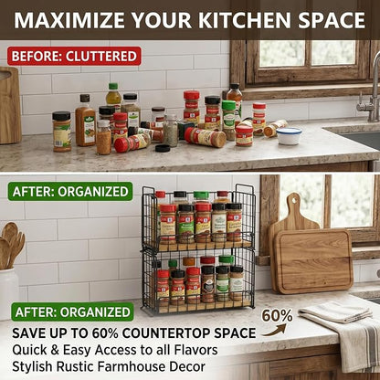 TIEYIPIN 2-Tier Spice Rack Organizer for Countertop, Stackable Metal Wire Kitchen Organization and Storage, Wall Mounted Seasoning Rack with Wooden Base for Cabinet, Pantry, Farmhouse Black