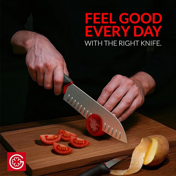 Giesser since 1776, Made in Germany, Santoku 7,5 inch, Ultra Slip Resistant, Dishwashersafe, rustfree, Japanese Chef Knife with small Peeling Knife