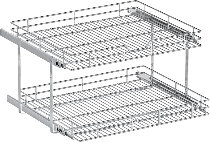 2-Tier Pull Out Cabinet Organizer, 27" W x 21.5" D, Heavy Duty Dual Slide Out Shelves for Wide Base Cabinets, Chrome Wire Basket Drawer for Pots, Pans, Pantry & Cleaning Supplies