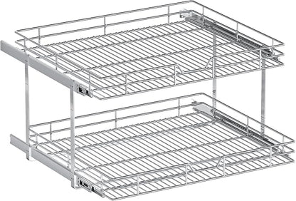 2-Tier Pull Out Cabinet Organizer, 27" W x 21.5" D, Heavy Duty Dual Slide Out Shelves for Wide Base Cabinets, Chrome Wire Basket Drawer for Pots, Pans, Pantry & Cleaning Supplies