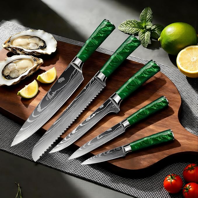 8-Piece Premium Japanese Kitchen Knife Set - Star Collection, Laser Damascus Pattern, 440A Stainless Steel Ultra Sharp for Fast Cutting (Green 8J)